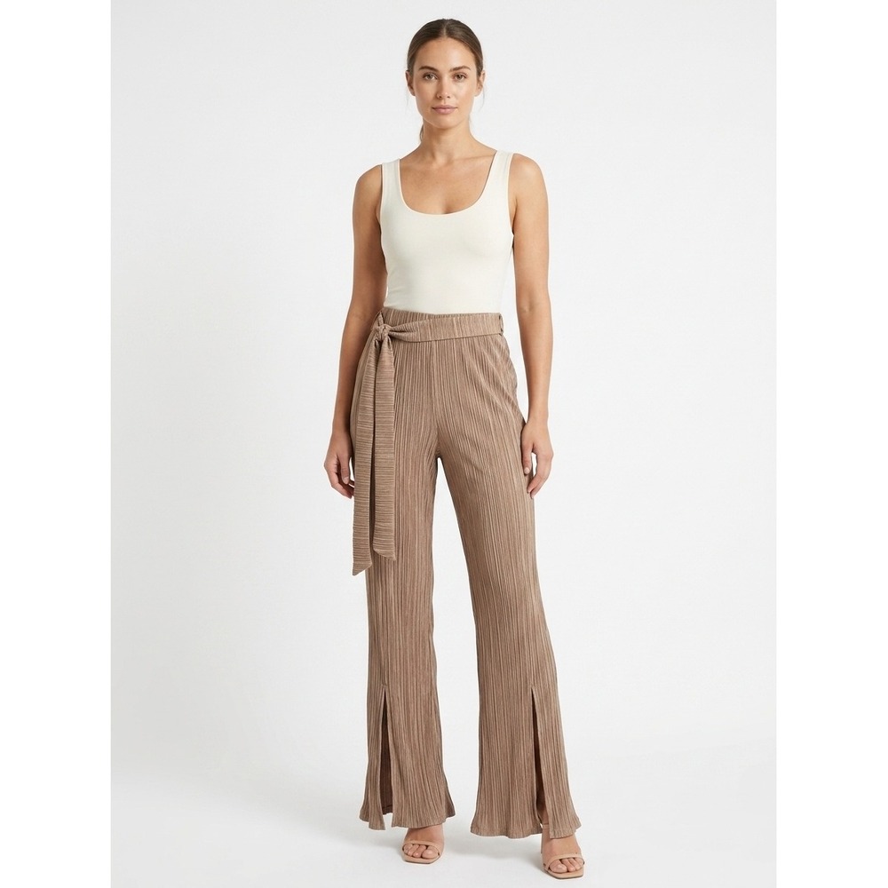 Sans Souci Womens Pleated Wide Leg Pants High Rise Side Slit Belted GSP1006 S